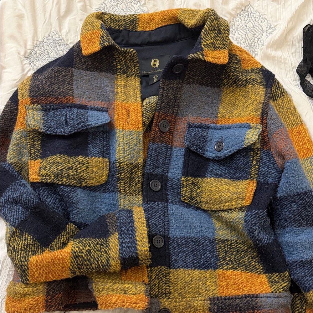 House of Harlow 1960 Plaid Shacket in Mustard, Navy & Blue